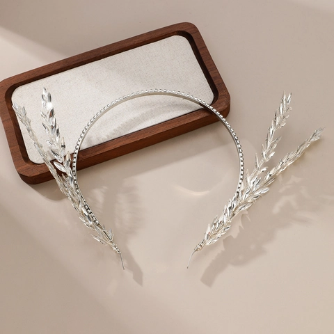 Elegant Silver Rhinestone Bridal Headband Wheat Ear Willow Leaf Design Alloy Hair Hoop Wedding Banquet Hair Accessories For Women