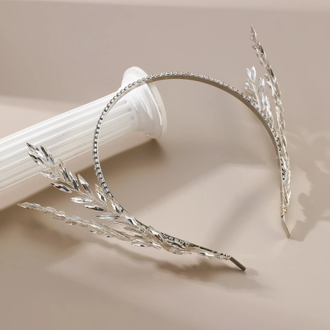Elegant Silver Rhinestone Bridal Headband Wheat Ear Willow Leaf Design Alloy Hair Hoop Wedding Banquet Hair Accessories For Women