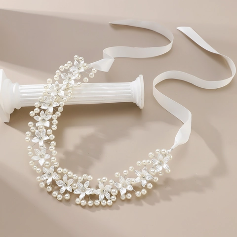 Elegant Bridal Pearl Flower Hair Vine Handmade Wedding Headband With White Satin Ribbon Rhinestone Accents Women Hair Accessories