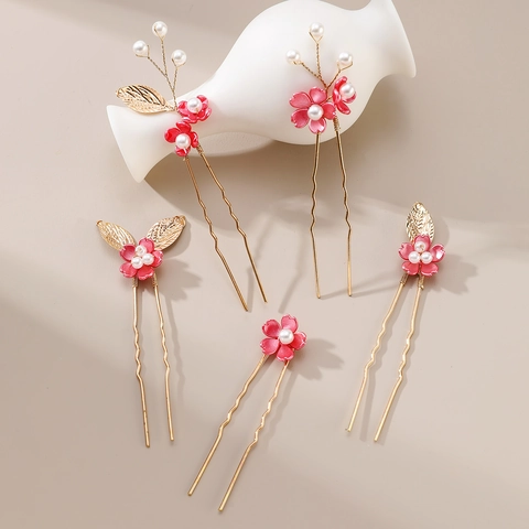 Handgemaakte Rozerode Bloem Bruids Bruiloft Haarstokjes Gouden Blad Kunstparel Haarnadeln Vrouwen Haar Sieraden