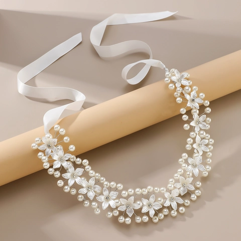 Elegant Bridal Pearl Flower Hair Vine Handmade Wedding Headband With White Satin Ribbon Rhinestone Accents Women Hair Accessories