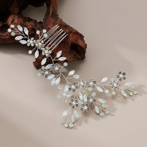 Peine De Cabello De Novia Floral De Aleación Hecho A Mano Plata Tocado De Boda Con Perla Artificial Y Diamantes De Imitación