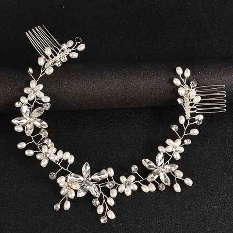 Vite per Capelli da Sposa Fatta a Mano Con Fiori Strass e Perle Artificiali Doppi Pettini Fascia per Matrimonio Donna Oro Argento Lega Accessori per Capelli
