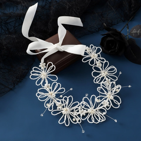 Handgemachtes Florales Brauthaarband Weiß Künstliche Perle Strass Hochzeit Haarschmuck Mit Satinband Westlicher Haarreifen