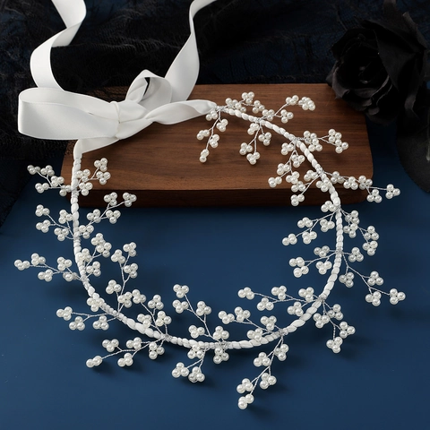 Diadema de Novia Hecha a Mano Cristal Perla Artificial para Boda Cinta de Satén Blanca Estilo Occidental Mujer Accesorios