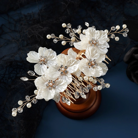 Pettine per Capelli da Sposa Fatto a Mano Con Fiori di Conchiglia Perle Artificiali Strass Elegante Accessorio per Matrimonio