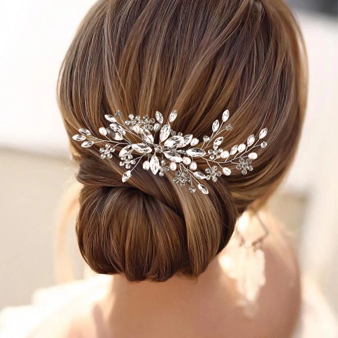 Peineta de Novia Hecha a Mano de Aleación de Plata con Strass y Perla Artificial de Imitación para Boda Banquete Joyería de Pelo para Mujer