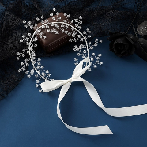 Handgefertigtes Kristall Braut Stirnband Hochzeit Haarschmuck Mit Weißem Satinband Für Damen Elegantes Zweig Kopfschmuck