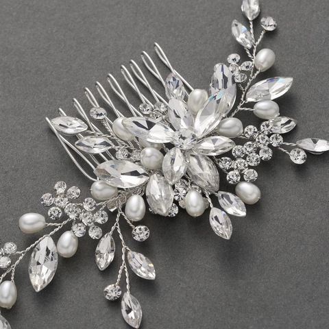 Pettine da Sposa Argento Fatto a Mano Con Strass e Künstliche Perle Elegante Accessorio per Capelli a Forma di Fiore e Foglia per Matrimonio