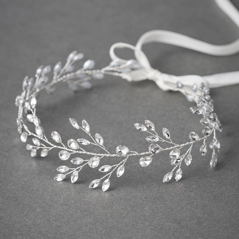 Eleganter Silber Strass Braut Haarschmuck Mit Weißem Satinband Blättermuster Hochzeit Kopfschmuck Für Damen Mädchen Schmuck