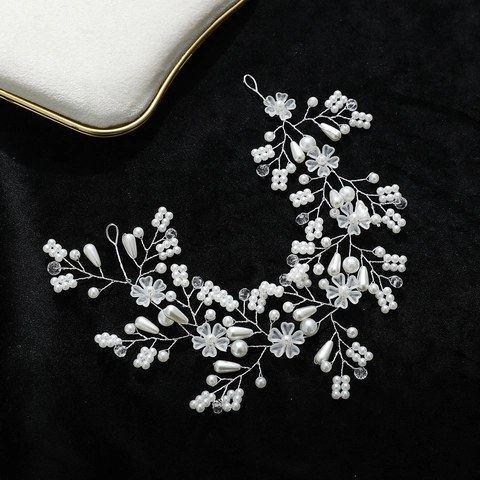 Tralcio per Capelli da Sposa Fatto a Mano Con Künstliche Perle e Cristalli Filo in Lega Argento Fascia Floreale Matrimonio Donna