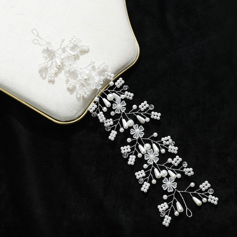 Tralcio per Capelli da Sposa Fatto a Mano Con Künstliche Perle e Cristalli Filo in Lega Argento Fascia Floreale Matrimonio Donna