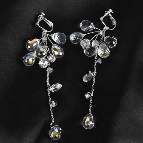 Luxurious Alloy Crystal Long Tassel Clip On Earrings Water Drop Dangle No Pierced Screw Back Bridal Wedding Party Women Jewelry