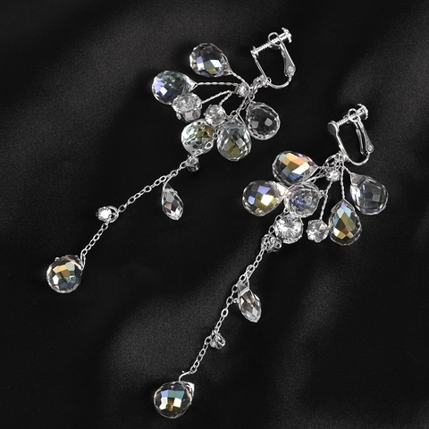 Luxurious Alloy Crystal Long Tassel Clip On Earrings Water Drop Dangle No Pierced Screw Back Bridal Wedding Party Women Jewelry