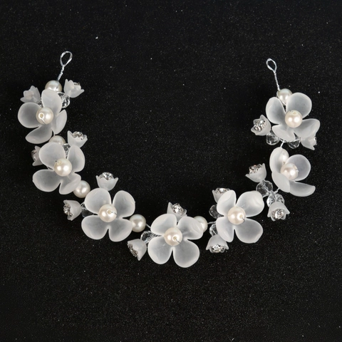 Handgemachte Weiße Acryl Blume Braut Haar Rebe Künstliche Perle Strass Hochzeit Stirnband Silber Floral Haarschmuck Für Damen Mädchen