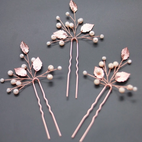 Horquillas para el Cabello de Oro Rosa con Strass y Perlas Artificiales Diseño de Hoja Accesorios de Novia para Mujer Joyería de Fiesta