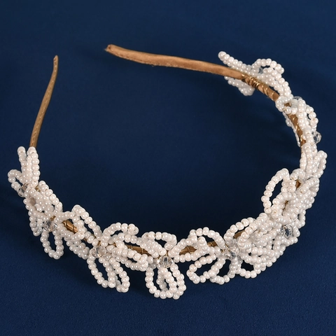 Bridal Handmade Beaded Flower Headband With Rhinestone And Satin Wrapped Alloy Frame For Wedding Party Women Hair Accessory