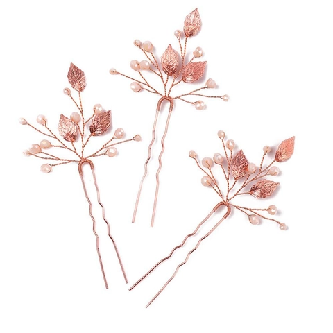 Horquillas para el Cabello de Oro Rosa con Strass y Perlas Artificiales Diseño de Hoja Accesorios de Novia para Mujer Joyería de Fiesta