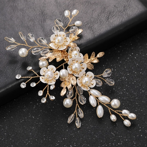 Fermaglio per Capelli a Fiore in Lega Fatto a Mano per Donna Sposa Perla Artificiale Strass Elegante Oro Argento Copricapo