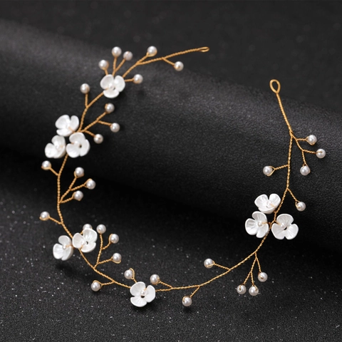 Handmade Bridal Hair Vine With White Flower Imitation Artificial Pearl Gold Silver Alloy Wire Wedding Headpiece For Women Jewelry