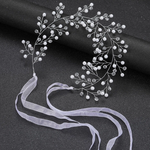 Vite per Capelli da Sposa con Cristalli e Künstliche Perle Copricapo da Sposa Fatto a Mano in Filo d'Argento con Nastro di Raso Bianco
