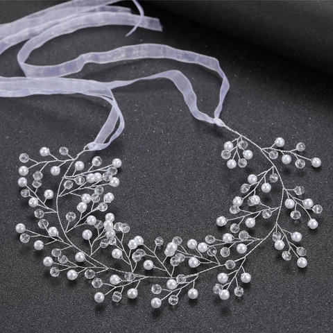 Vite per Capelli da Sposa con Cristalli e Künstliche Perle Copricapo da Sposa Fatto a Mano in Filo d'Argento con Nastro di Raso Bianco
