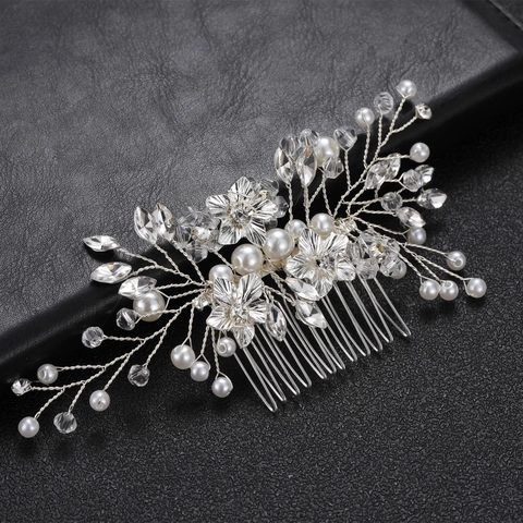Elegante Pettine per Capelli da Sposa in Lega d'Argento con Fiori Strass e Künstliche Perle Sintetiche Accessorio per Matrimonio Festa Donna