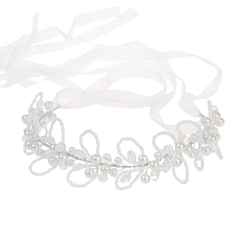 Fascia Sposa Fatta a Mano Elegante con Perle Artificiali Strass Vite Floreale Nastro in Organza Accessori per Capelli Matrimonio