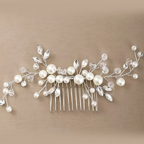 Elegante Pettine per Capelli da Sposa Fatto a Mano in Lega Perla Artificiale Strass Floreale Oro Argento Copricapo per Donna