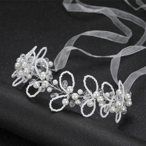 Fascia Sposa Fatta a Mano Elegante con Perle Artificiali Strass Vite Floreale Nastro in Organza Accessori per Capelli Matrimonio