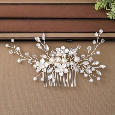 Elegante Pettine per Capelli da Sposa in Lega d'Argento con Fiori Strass e Künstliche Perle Sintetiche Accessorio per Matrimonio Festa Donna