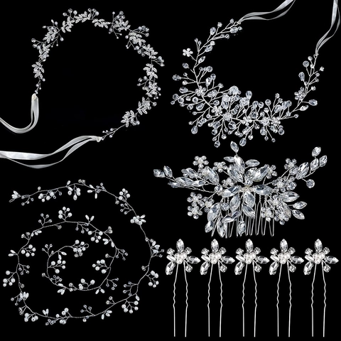 Set Accessori Capelli Sposa Lega Strass Perla Artificiale Vite Capelli Pettine Forcine Argento Gioielli Matrimonio Donna