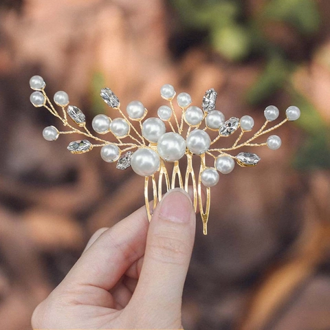 Pettine per Capelli da Sposa Fatto a Mano Perla Artificiale Strass Ramo Oro Argento Pettine Laterale Donna Elegante