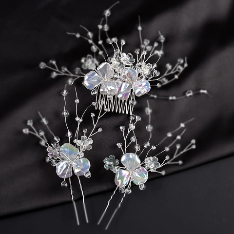 Exquisites Irisierendes Acryl Blume Braut Haarkamm Und Haarnadel Set Handgefertigt Silberdraht Strass Hochzeit Zubehör Für Damen