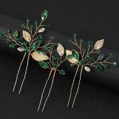 Horquillas para el Pelo en Forma de U de Metal Dorado Hechas a Mano Con Diamantes de Imitación Verde Esmeralda Azul Real Accesorios de Novia