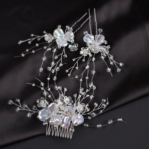 Exquisites Irisierendes Acryl Blume Braut Haarkamm Und Haarnadel Set Handgefertigt Silberdraht Strass Hochzeit Zubehör Für Damen