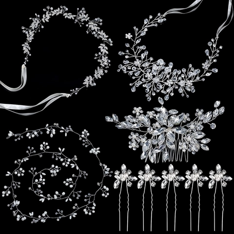 Set Accessori Capelli Sposa Lega Strass Perla Artificiale Vite Capelli Pettine Forcine Argento Gioielli Matrimonio Donna