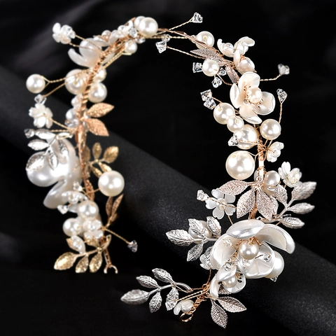 Korean Style Elegant Handmade Artificial Pearl Flower Bridal Headband Alloy Rhinestone Romantic Wedding Hair Accessories