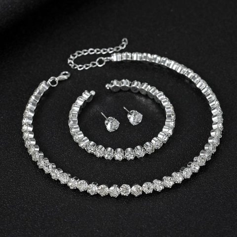 Elegante Conjunto Joyas Aleación Plata Diamantes Imitación Novia Boda Collar Tennis Pulsera Pendientes Botón Mujer Banquete