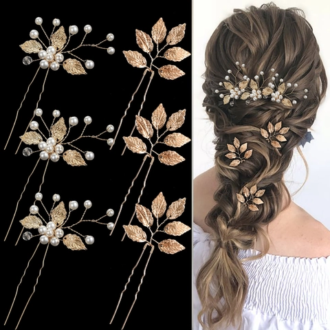 Set di Forcine per Capelli da Sposa a Foglia Donna Oro Argento Lega Perla Artificiale Bastoncini per Capelli a U Accessori per Capelli