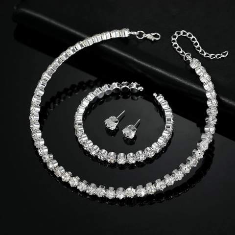 Elegante Conjunto Joyas Aleación Plata Diamantes Imitación Novia Boda Collar Tennis Pulsera Pendientes Botón Mujer Banquete
