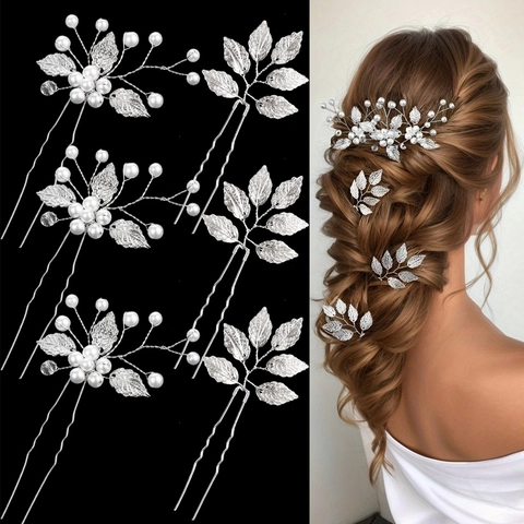 Set di Forcine per Capelli da Sposa a Foglia Donna Oro Argento Lega Perla Artificiale Bastoncini per Capelli a U Accessori per Capelli