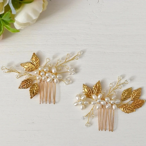 Handmade Alloy Gold Leaf Bridal Hair Combs With Artificial Pearl Rhinestone Elegant Wedding Headpiece Floral Jewelry For Women