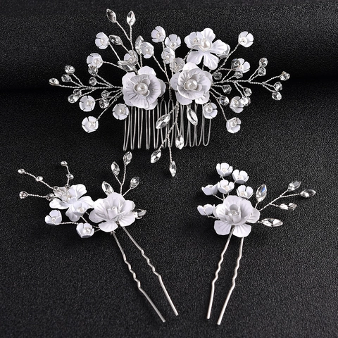 Set di Pettine e Forcine per Capelli da Sposa Fatti a Mano Fiore Bianco Perla Artificiale Strass Accessori per Capelli da Matrimonio Donna
