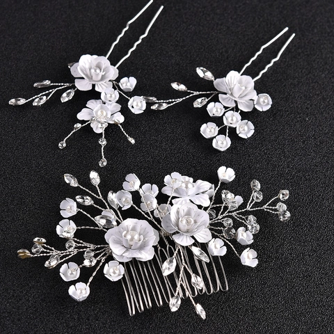 Set di Pettine e Forcine per Capelli da Sposa Fatti a Mano Fiore Bianco Perla Artificiale Strass Accessori per Capelli da Matrimonio Donna