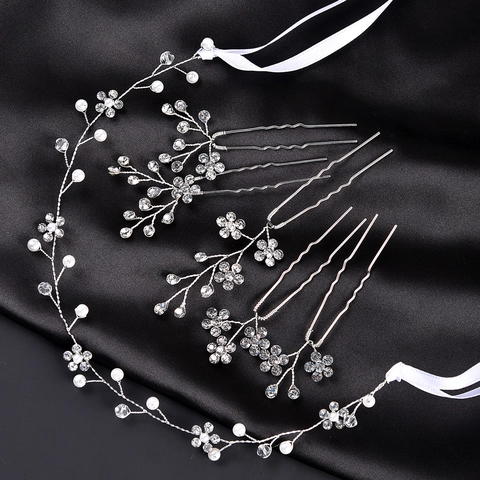 Conjunto de Accesorios para el Cabello de Boda Plateado Hecho a Mano Perla Artificial Strass Diadema Floral Horquillas