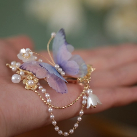Pince à Cheveux Papillon de Style Antique Élégante Avec Pendentif Muguet en Perle Artificielle Alliage Gaze de Soie Gland pour Femme Accessoires Hanfu