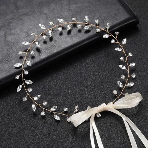 Luxurious Gold Alloy Rhinestone Bridal Headband Hand-woven Vine Wedding Hair Accessories Elegant Satin Ribbon Headpiece For Women