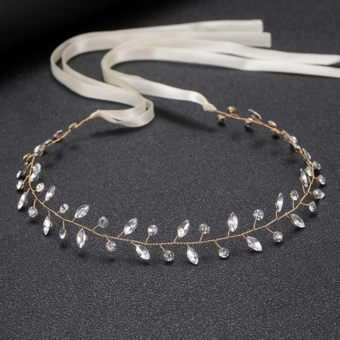 Luxurious Gold Alloy Rhinestone Bridal Headband Hand-woven Vine Wedding Hair Accessories Elegant Satin Ribbon Headpiece For Women