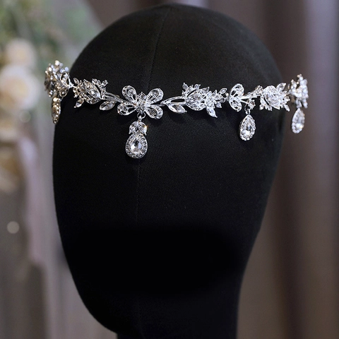 Exotic Silver Bridal Forehead Headband With Water Drop Pendants Rhinestone Leaf Flower Wedding Hair Jewelry For Women